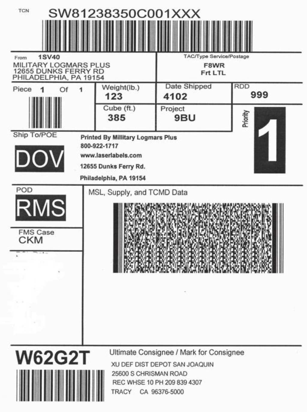 MSL military shipping label